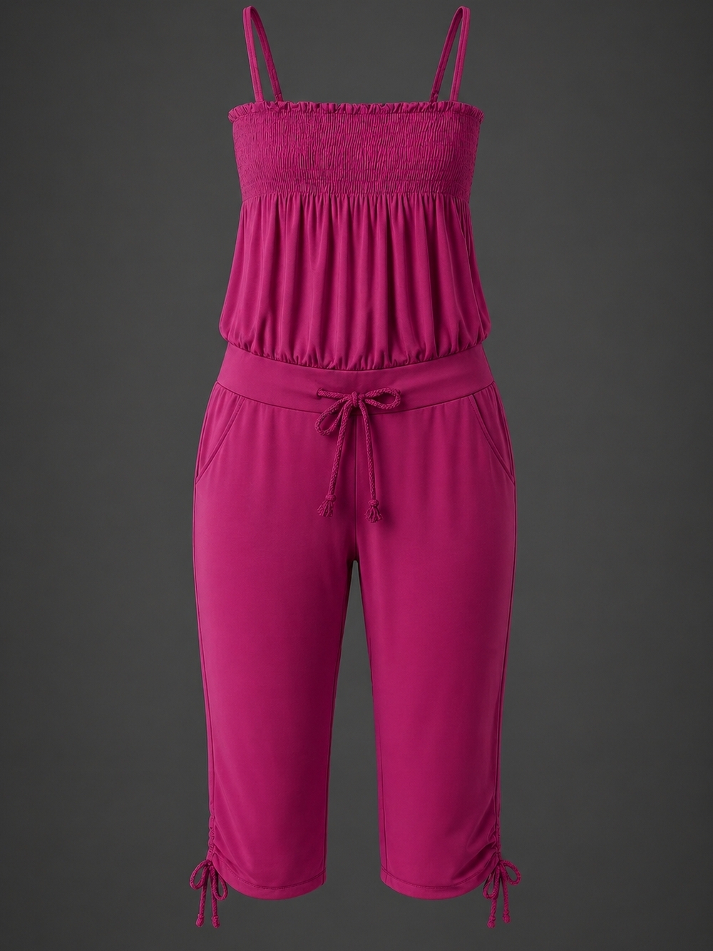 Fuchsia Smocked Strap Jumpsuit with Drawstring Waist